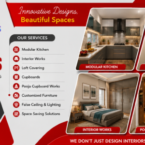 Aadhi Sivasakthi Interiors – All Types of Wood Works Modular Kitchen | Loft Covering Cupboards | Pooja Cupboards | Office & Space Partitions | False Ceiling | Netlon, ACP, PVC & UPVC Works