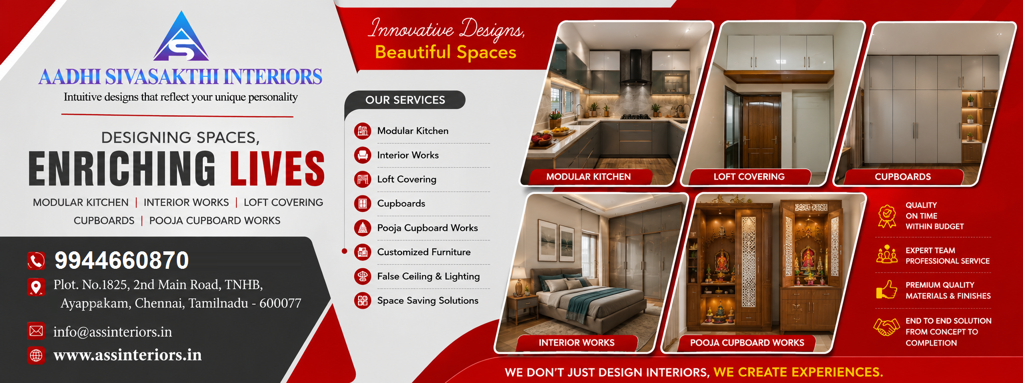 Aadhi Sivasakthi Interiors – All Types of Wood Works Modular Kitchen | Loft Covering Cupboards | Pooja Cupboards | Office & Space Partitions | False Ceiling | Netlon, ACP, PVC & UPVC Works