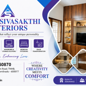 Aadhi Sivasakthi Interiors – All Types of Wood Works Modular Kitchen | Loft Covering Cupboards | Pooja Cupboards | Office & Space Partitions | False Ceiling | Netlon, ACP, PVC & UPVC Works