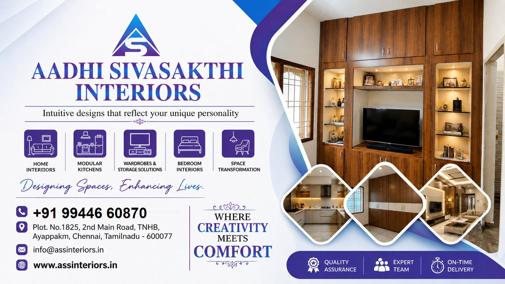 Aadhi Sivasakthi Interiors – All Types of Wood Works Modular Kitchen | Loft Covering Cupboards | Pooja Cupboards | Office & Space Partitions | False Ceiling | Netlon, ACP, PVC & UPVC Works